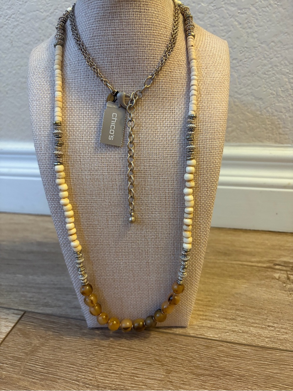 Chico's 37.5” Beaded Necklace in Cream and Amber NWT
